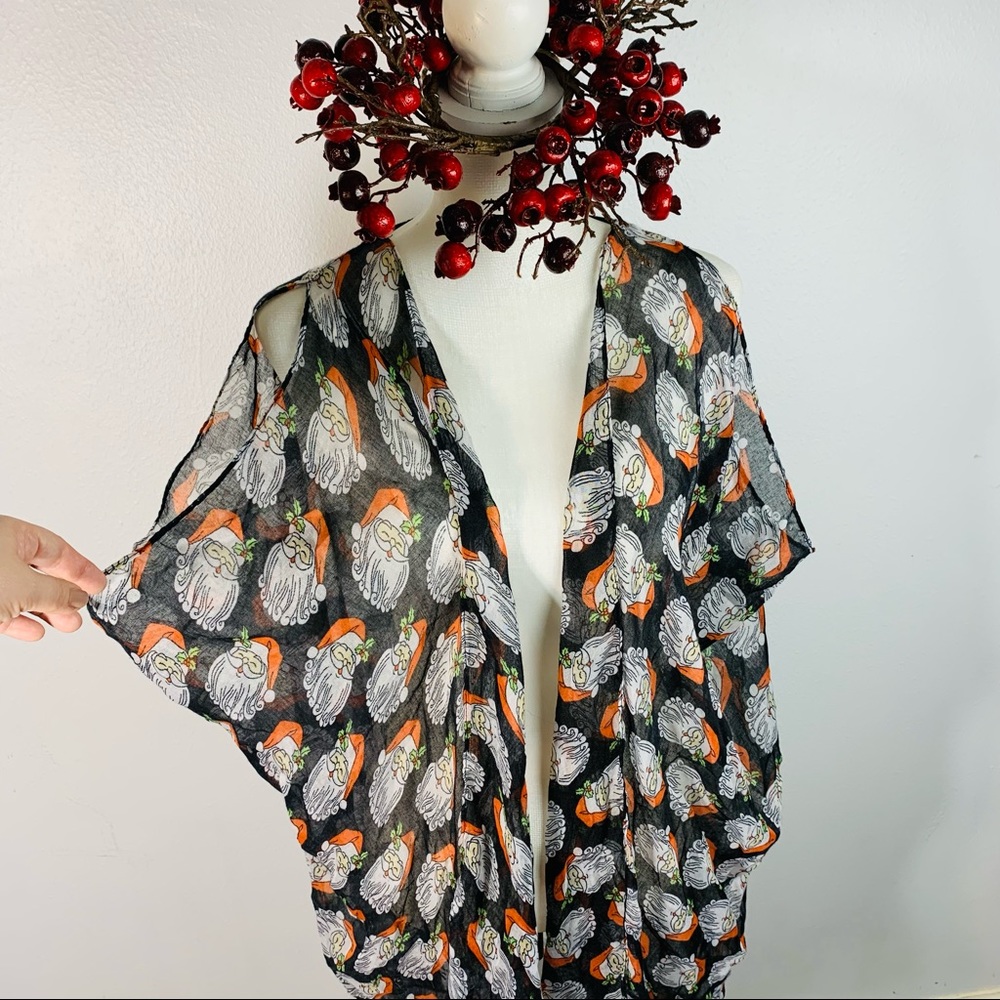 Semi sheer Santa Claus print sleeveless duster One Size cover up for Christmas
